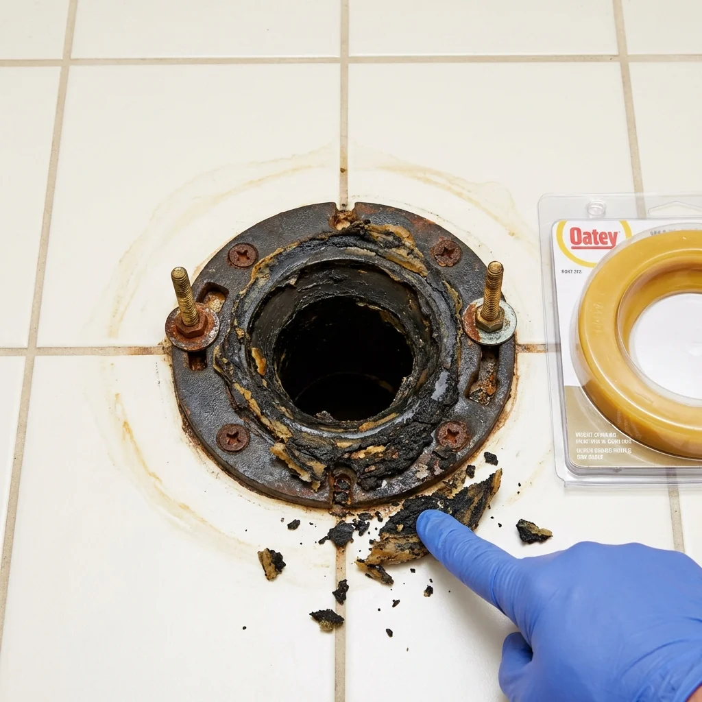 Failed wax ring showing water seepage at the base of a toilet in a Darien, GA home