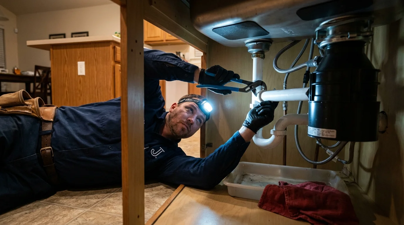 P-trap and supply line connections under a kitchen sink showing a common leak point in Darien, GA